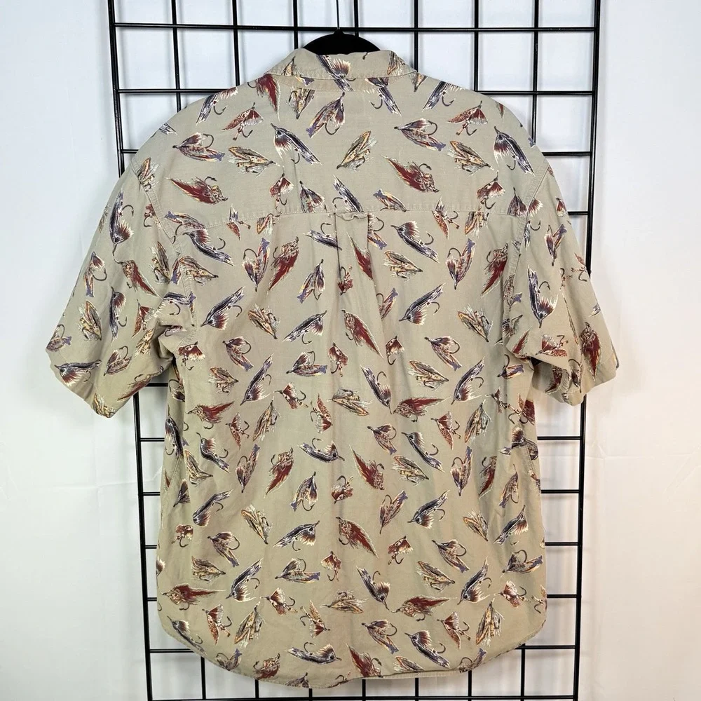 Vintage Columbia S/S Shirt Mens L Tan Fly Fishing Lure Button Up Outdoor Casual‎